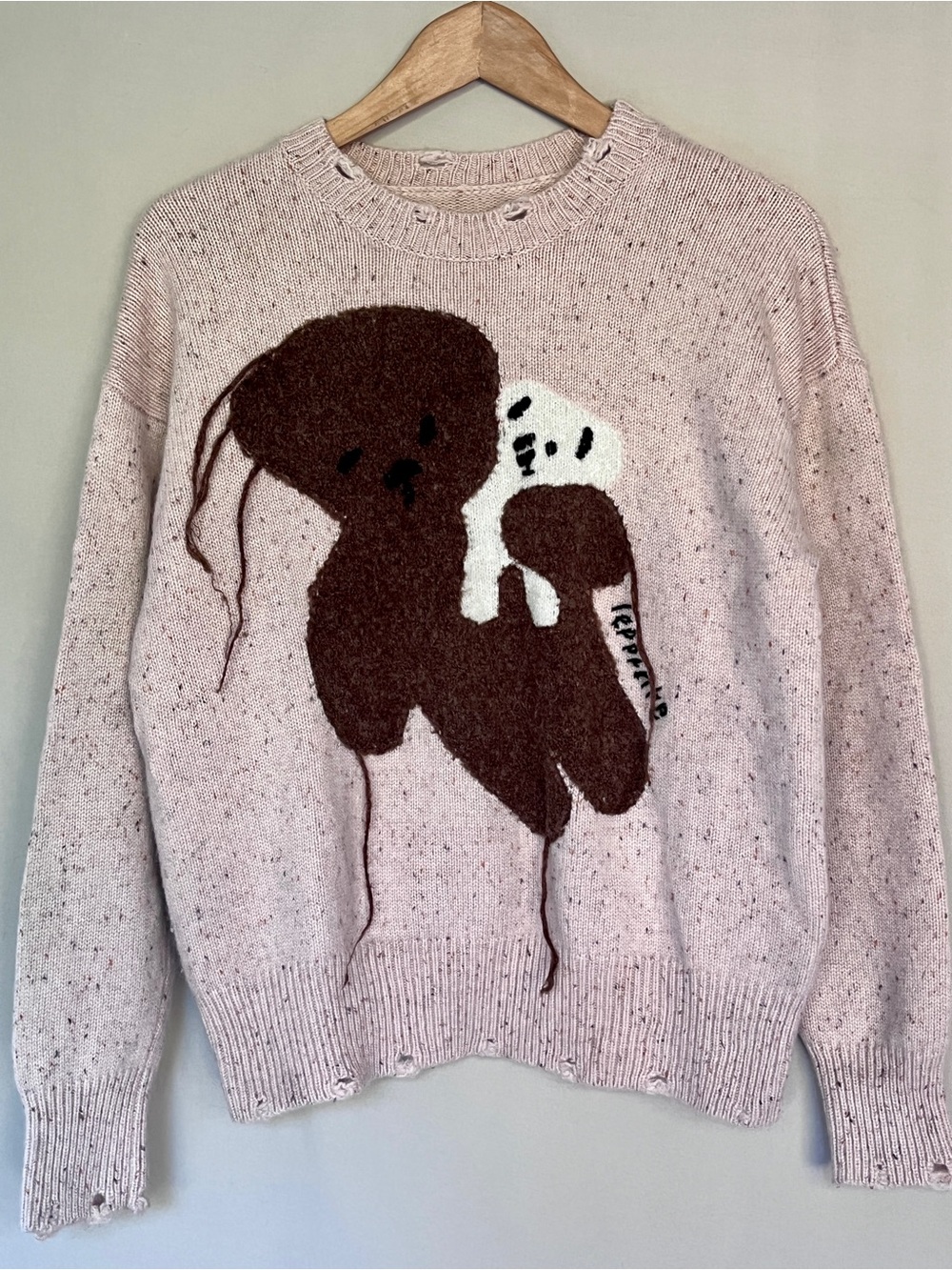 Cashmere Wool Blend Teddy Bear Sweater Blush Knit Crewneck Size S
